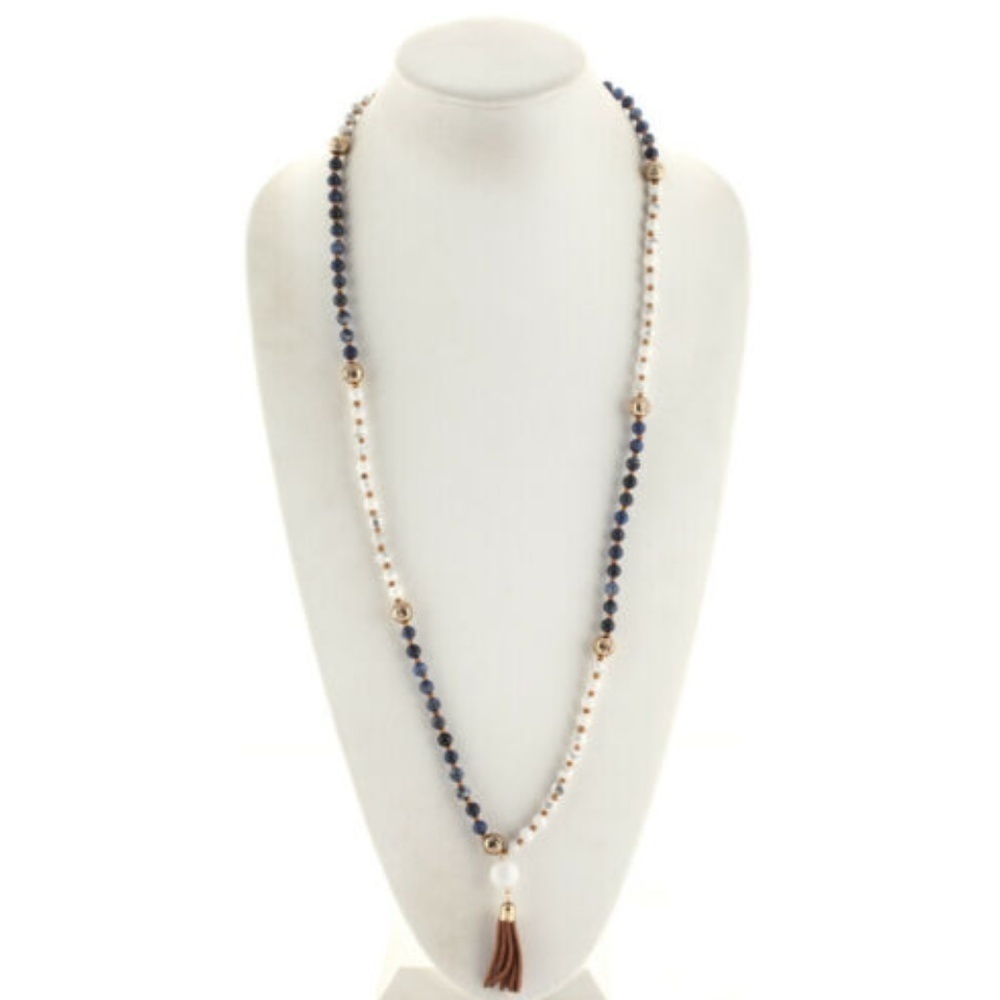 Marlyn Schiff Long Beaded Leather Tassel Necklace NWOT - Picture 3 of 8